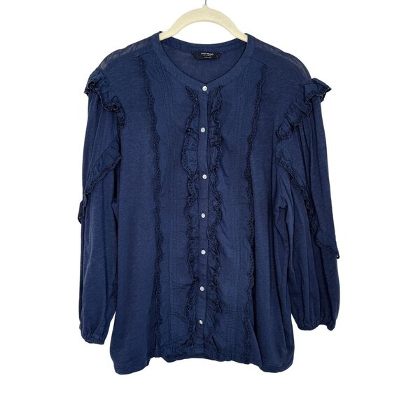 Lucky Brand Navy Long Sleeve Ruffle Button Down, L - Picture 1 of 11
